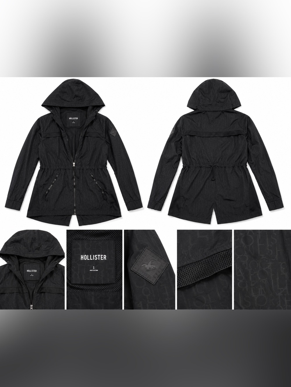 Hollister Black Logo Print Hooded Utility Windbreaker Jacket S